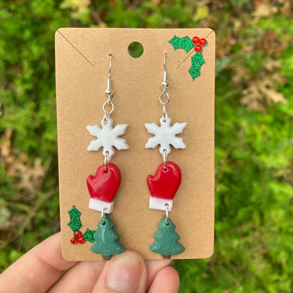 Snowflake Mitten Tree Clay Handmade Earrings